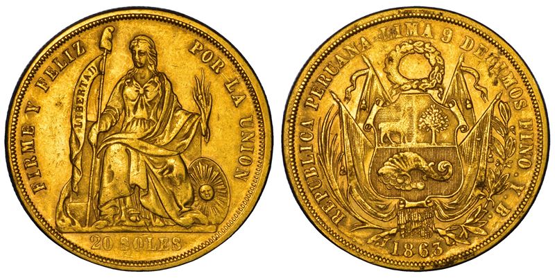PERÙ. REPUBLICA, dal 1822. 20 Soles 1863 YB. Lima.  - Asta Numismatica - Cambi Casa d'Aste
