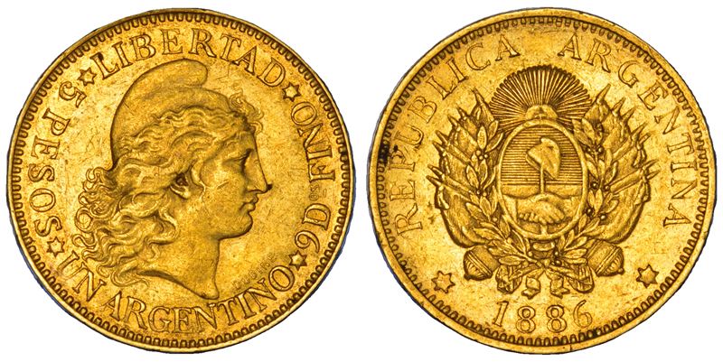 ARGENTINA. REPUBLICA, dal 1816. 5 Pesos (Argentino) 1886.  - Auction Numismatics - Cambi Casa d'Aste