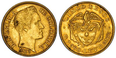 Colombia, Repubblica. 5 Pesos 1923, Bogotà, oro