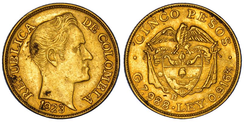 COLOMBIA. REPUBLICA. 5 pesos 1923. Bogotà.  - Asta Numismatica - Cambi Casa d'Aste