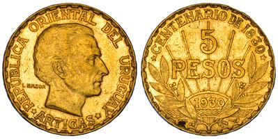 Uruguay, Repubblica, 5 pesos 1930, Centenario di Artigas