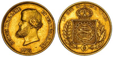 Pedro II, 10000 Reis 1875 - Oro
