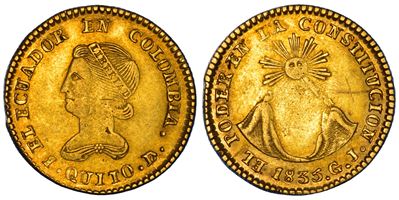 Colombia, Repubblica, 2 Escudos 1835, Quito, Oro