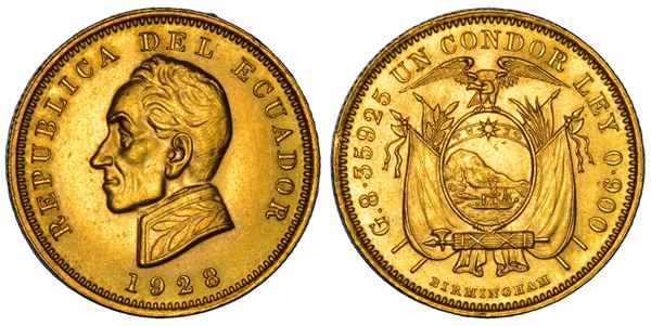 ECUADOR. REPUBLICA, dal 1830. 1 Condor 1928. Birmingham.