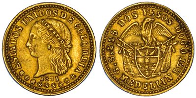 Colombia, Stati Uniti di Colombia, 2 Pesos, 1871, Medellín