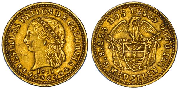 COLOMBIA. ESTADOS UNIDOS DE COLOMBIA, 1862-1886. 2 Pesos 1871. Medellín.