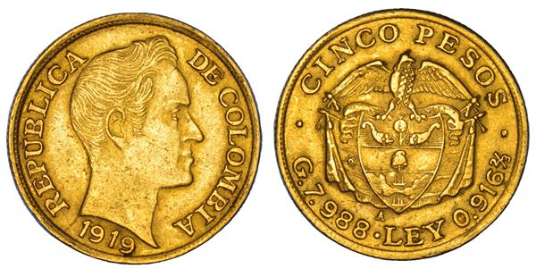 COLOMBIA. REPUBLICA. 5 pesos 1919. Medellín.