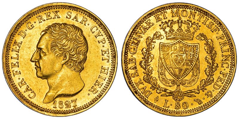 REGNO DI SARDEGNA. CARLO FELICE DI SAVOIA, 1821-1831. 80 Lire 1827. Torino.  - Auction Numismatics - Cambi Casa d'Aste