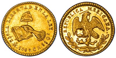 Messico, Repubblica, 1/2 Escudo 1869, Città del Messico, oro