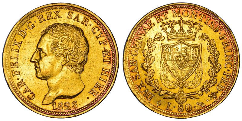 REGNO DI SARDEGNA. CARLO FELICE DI SAVOIA, 1821-1831. 80 Lire 1826. Torino.  - Auction Numismatics - Cambi Casa d'Aste