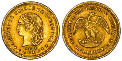 Moneta della Colombia, Stati Uniti di Colombia, 1862-1886, Peso 1872, Oro