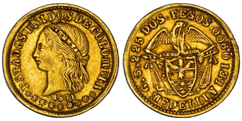 COLOMBIA. ESTADOS UNIDOS DE COLOMBIA, 1862-1886. 2 pesos 1871. Medellin.  - Asta Numismatica - Cambi Casa d'Aste