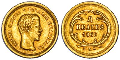 Guatemala, Moneta da 4 reales del 1860 con effigie del Presidente Rafael Carrera