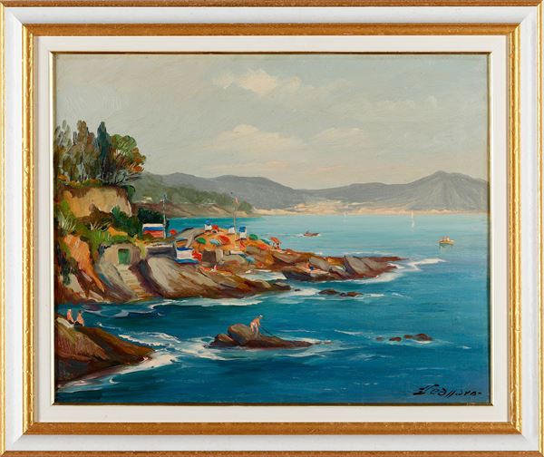 Coppia di dipinti raffiguranti mareggiata e veduta di Nervi