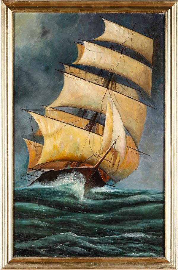 Pittore del XX secolo Veliero con mare in tempesta