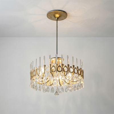 Lampada a sospensione in metallo e cristallo, Italia, ca. 1970