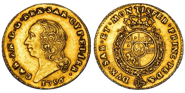 REGNO DI SARDEGNA. CARLO EMANUELE III DI SAVOIA, 1755-1773 (II PERIODO). Mezza Doppia Nuova 1756. Torino.
