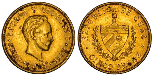 CUBA. PRIMERA REPUBLICA, 1902-1962. 5 Pesos 1915.