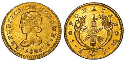 Colombia, Repubblica. Escudo, 1825. Popayan, oro, g. 3,91, diam. mm. 18,75