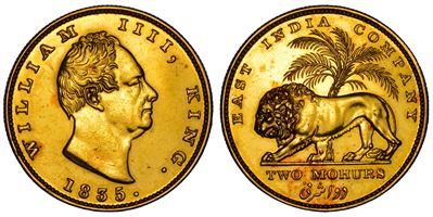 William IV, Doppio Mohur 1835, Calcutta, emissione della Compagnia delle Indie Orientali