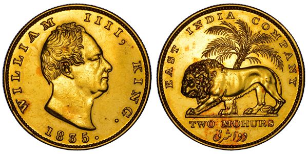 INDIA BRITANNICA.  WILLIAM IV, 1830-1837. Doppio Mohur 1835. Calcutta. Emissione della Compagnia delle Indie Orientali. Riconio.