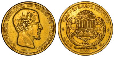 Guatemala, 20 Pesos 1869, Raphaël Carrera