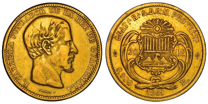 GUATEMALA. REPUBLICA. 20 Pesos 1869. Città del Guatemala.  - Asta Numismatica - Cambi Casa d'Aste