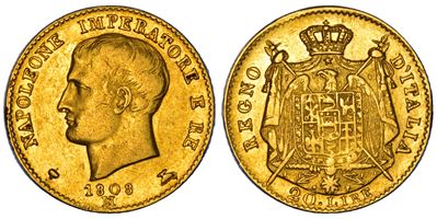 Moneta Italiana, 20 Lire 1808, con Testa nuda e Aquila imperiale
