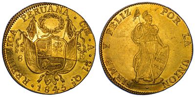 PERÙ, Repubblica, 8 Escudos 1845, Cuzco, Oro