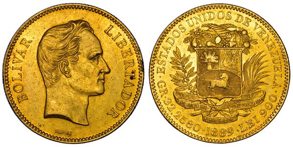 VENEZUELA. REPUBBLICA. 100 Bolivares 1889. Caracas.