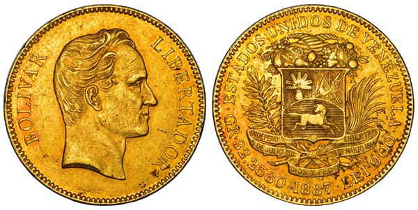 VENEZUELA. REPUBBLICA. 100 Bolivares 1887. Caracas.