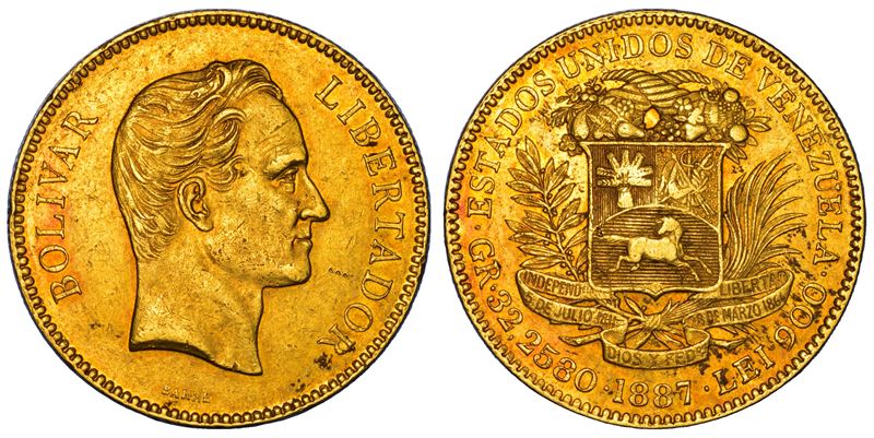 VENEZUELA. REPUBBLICA. 100 Bolivares 1887. Caracas.  - Asta Numismatica - Cambi Casa d'Aste