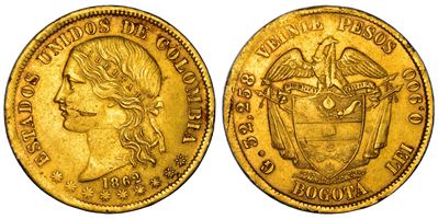Colombia, 20 Pesos 1862, Oro, Bogotà