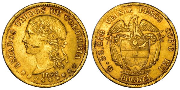 COLOMBIA. ESTADOS UNIDOS DE COLOMBIA, 1862-1886. 20 Pesos 1862. Bogotà.