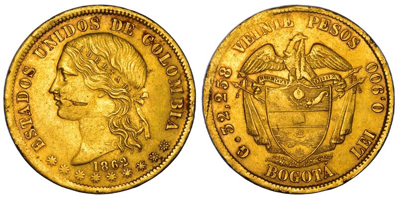 COLOMBIA. ESTADOS UNIDOS DE COLOMBIA, 1862-1886. 20 Pesos 1862. Bogotà.  - Auction Numismatics - Cambi Casa d'Aste