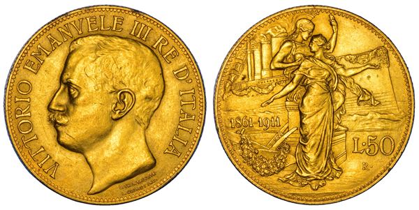REGNO D'ITALIA. VITTORIO EMANUELE III DI SAVOIA, 1900-1946. 50 Lire 1911. Cinquantenario.