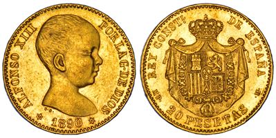 Spagna, Alfonso XIII, 20 Pesetas del 1890
