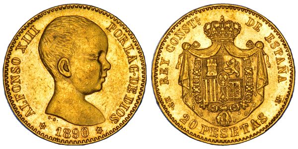 SPAGNA. ALFONSO XIII, 1885-1931. 20 Pesetas 1890.
