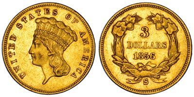USA, 3 Dollars, 1856, oro