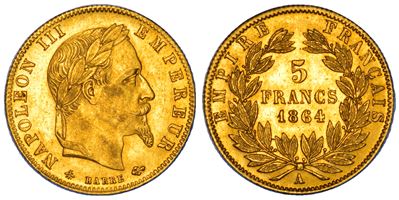 Napoleone III, 5 Franchi 1864, oro, Parigi