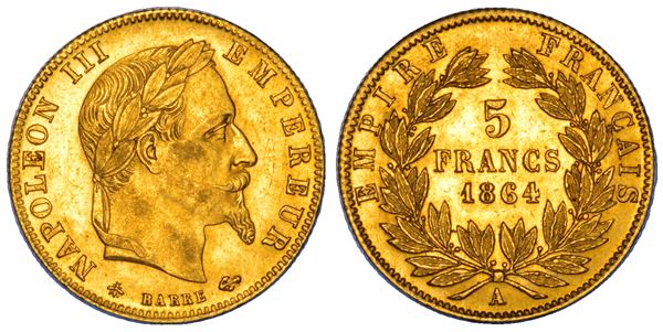 FRANCIA. NAPOLEONE III, 1852-1870. 5 Franchi 1864. Parigi.