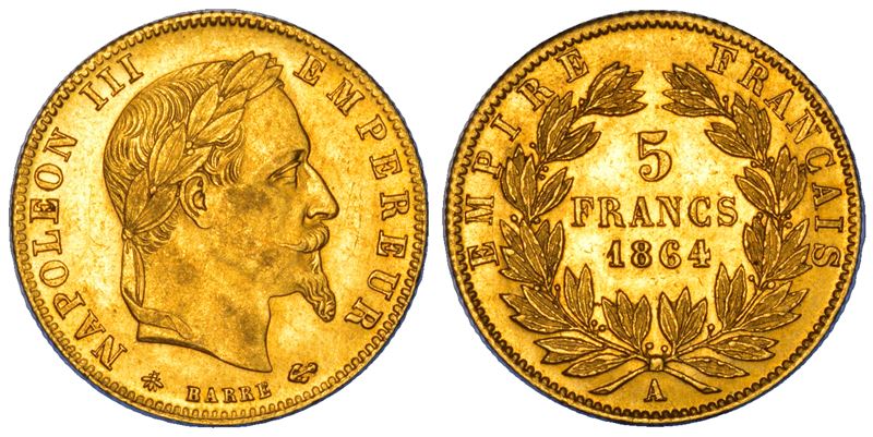 FRANCIA. NAPOLEONE III, 1852-1870. 5 Franchi 1864. Parigi.  - Auction Numismatics - Cambi Casa d'Aste