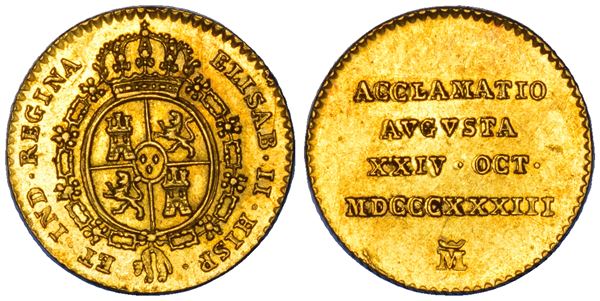 SPAGNA. ISABEL II, 1833-68. Medaglia in oro - gettone per l'incoronazione 1833. Madrid.