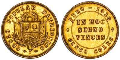 Moneta della Repubblica del Perù, 5 Soles 'gettone in oro popolare patriottico', 1910