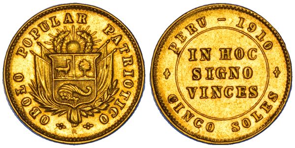 PERÙ. REPUBLICA, DAL 1821. 5 Soles "gettone in oro popolare patriottico" 1910.