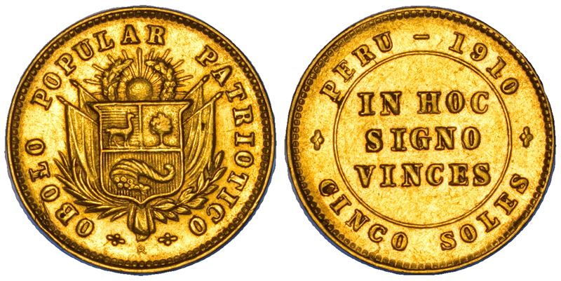 PERÙ. REPUBLICA, DAL 1821. 5 Soles "gettone in oro popolare patriottico" 1910.  - Asta Numismatica - Cambi Casa d'Aste