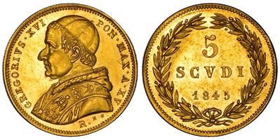 Gregorio XVI, 5 Scudi, 1845/A, Oro