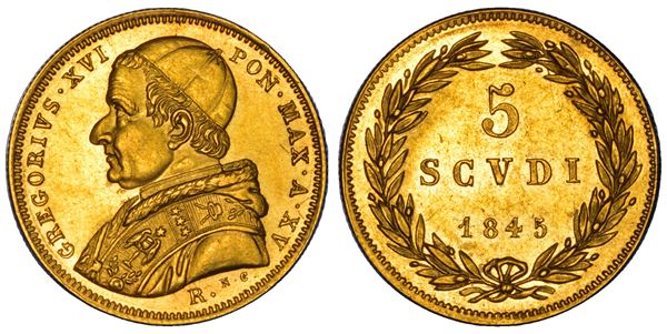 STATO PONTIFICIO. GREGORIO XVI, 1831-1846. 5 Scudi 1845/A. XV. Roma.