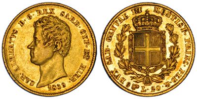 Regno di Sardegna, Carlo Alberto di Savoia, 20 Lire 1839, Oro