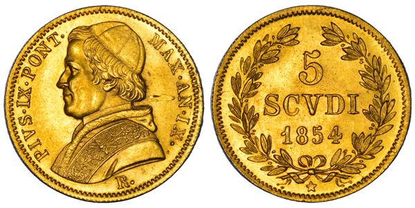 STATO PONTIFICIO. PIO IX, 1846-1878. 5 Scudi 1854/A. IX. Roma.
